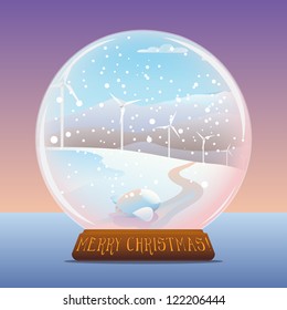 Crystal snow ball with wind mills and electric car landscape vector illustration