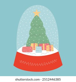 Crystal snow globe with Christmas tree and gifts vector flat illustration