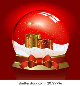 crystal snow globe with lights reflection and christmas box, background vector