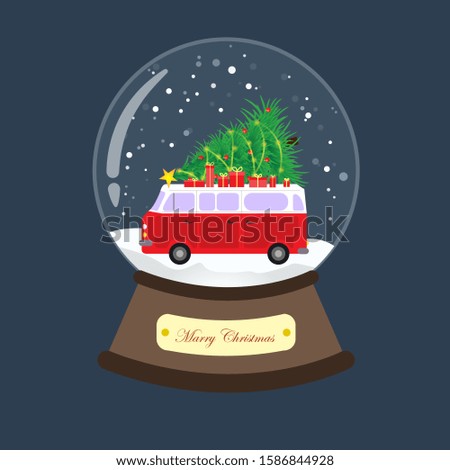 Crystal snow globe on black stand isolated on transparent vector background. Red car with christmas tree and gift boxes. Xmas decoration.