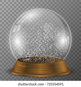 Crystal Snow Globe On Wood Stand. Snowglobe With Wood Decoration On Transparent Vector Background.