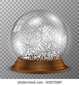 Crystal Snow Globe On Wooden Pedestal. Transparent Vector Snowglobe With Wood Decoration.