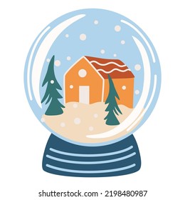 Crystal Snow Globe With Winter Landscape And House. Magic Glass Ball For Winter Xmas Holiday Concept. Snow Globe Icon Concept Drawing Icon In Modern Style. Hand Drawn Vector Illustration Isolated