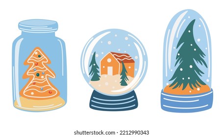 Crystal Snow Globe With Winter Landscape And House Set. Magic Glass Ball For Winter Xmas Holiday Concept. Snow Globe Icon Concept Drawing Icon In Modern Style. Hand Drawn Vector Illustration Isolated