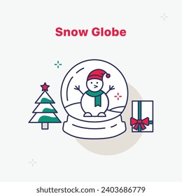 Kristallkugel mit Weihnachtskonzept. Neujahr Schneeglobe Ikone. Hochwertiges Umriss-Schneemann, Weihnachtsbaum und Geschenkbox-Symbol für Web-Design und mobile Apps. Moderner, dünner Linienstil.