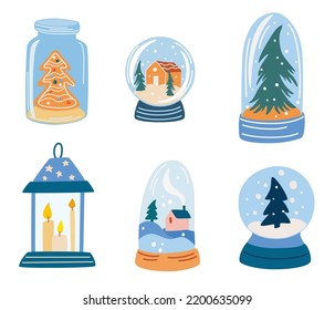 La nieve de cristal se combina con el paisaje invernal y la casa. Bolas mágicas de vidrio para el concepto de vacaciones navideñas de invierno. La nieve globaliza el icono de dibujo del concepto de icono en un estilo moderno. Ilustración vectorial dibujada por mano