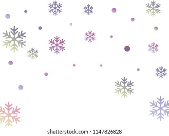 Crystal snowflake and circle elements vector backdrop. Trendy winter snow confetti scatter card background. Flying colorful gradient snow flakes background, cute water crystals vector.