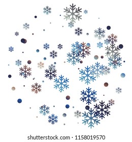 Crystal snowflake and circle elements vector backdrop. Magic winter snow confetti scatter flyer background. Flying colorful gradient snow flakes background, cute water crystals vector.
