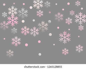 Crystal snowflake and circle elements vector illustration. Magic winter snow confetti scatter poster background. Flying colorful gradient snow flakes background, cool water crystals vector.