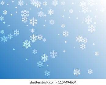 Crystal snowflake and circle shapes vector graphics. Windy winter snow confetti scatter poster background. Flying colorful gradient snow flakes background, winter water crystals vector.