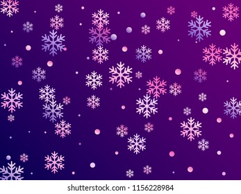 Crystal snowflake and circle shapes vector graphics. Windy winter snow confetti scatter banner background. Flying colorful gradient snow flakes background, cool water crystals vector.