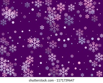 Crystal snowflake and circle shapes vector backdrop. Airy winter snow confetti scatter card background. Flying gradient snow flakes background, frosty water crystals confetti.