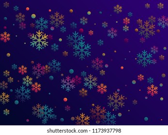 Crystal snowflake and circle shapes vector illustration. Chaotic winter snow confetti scatter flyer background. Falling colorful gradient snow flakes background, winter water crystals vector.