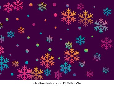 Crystal snowflake and circle shapes vector illustration. Chaotic winter snow confetti scatter card background. Flying colorful gradient snow flakes background, cute water crystals vector.