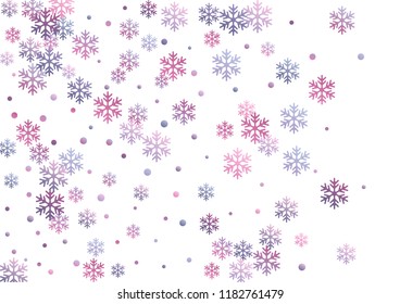 Crystal snowflake and circle shapes vector illustration. Macro winter snow confetti scatter flyer background. Flying colorful gradient snow flakes background, winter water crystals vector.