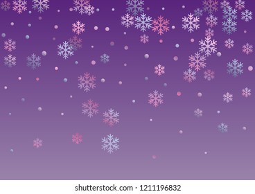 Crystal snowflake and circle shapes vector design. Chaotic winter snow confetti scatter poster background. Flying colorful gradient snow flakes background, trendy water crystals vector.