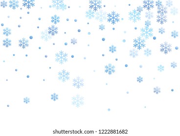 Crystal snowflake and circle shapes vector illustration. Magic winter snow confetti scatter banner background. Flying gradient snow flakes background, awesome water crystals vector.