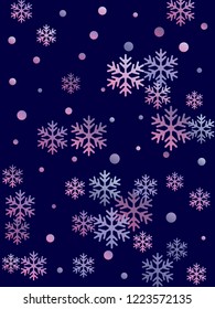 Crystal snowflake and circle shapes vector graphics. Windy winter snow confetti scatter poster background. Flying gradient snow flakes background, awesome water crystals confetti.