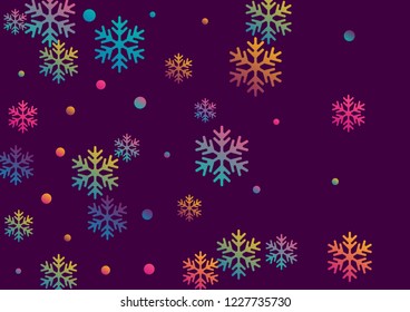 Crystal snowflake and circle shapes vector illustration. Magic winter snow confetti scatter flyer background. Flying colorful gradient snow flakes background, winter water crystals vector.