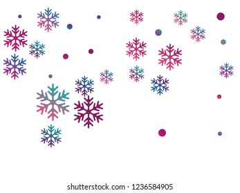 Crystal snowflake and circle shapes vector graphics. Cool winter snow confetti scatter banner background. Falling colorful gradient snow flakes background, winter water crystals vector.