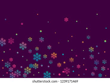 Crystal snowflake and circle shapes vector backdrop. Trendy winter snow confetti scatter banner background. Flying colorful gradient snow flakes background, cute water crystals vector.