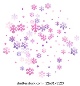 Crystal snowflake and circle shapes vector illustration. Airy winter snow confetti scatter poster background. Flying colorful gradient snow flakes background, winter water crystals vector.