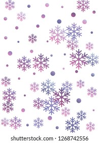 Crystal snowflake and circle shapes vector design. Windy winter snow confetti scatter flyer background. Flying colorful gradient snow flakes background, trendy water crystals vector.