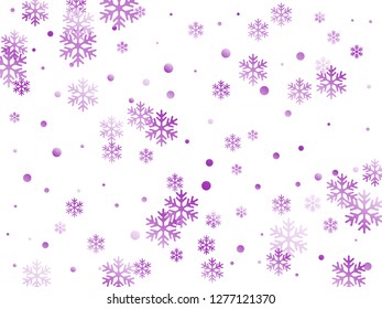 Crystal snowflake and circle shapes vector graphics. Airy winter snow confetti scatter flyer background. Falling colorful gradient snow flakes background, winter water crystals vector.