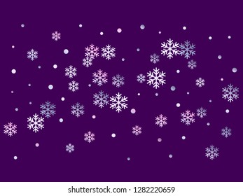 Crystal snowflake and circle shapes vector backdrop. Cool winter snow confetti scatter flyer background. Falling colorful gradient snow flakes background, winter water crystals vector.