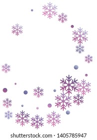Crystal snowflake and circle shapes vector graphics. Magic winter snow confetti scatter banner background. Falling colorful gradient snow flakes background, winter water crystals vector.
