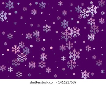 Crystal snowflake and circle shapes vector illustration. Magic winter snow confetti scatter card background. Flying colorful gradient snow flakes background, trendy water crystals vector.
