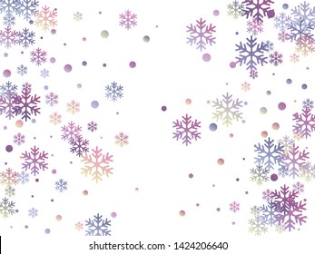 Crystal snowflake and circle shapes vector graphics. Unusual winter snow confetti scatter card background. Flying gradient snow flakes background, awesome water crystals confetti.