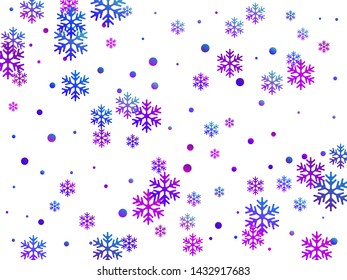 Crystal snowflake and circle shapes vector backdrop. Windy winter snow confetti scatter card background. Flying gradient snow flakes background, awesome water crystals confetti.