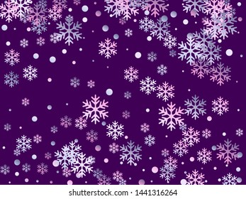 Crystal snowflake and circle shapes vector graphics. Magic winter snow confetti scatter banner background. Flying gradient snow flakes background, awesome water crystals confetti.