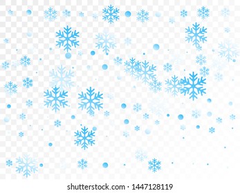 Crystal snowflake and circle shapes vector illustration. Chaotic winter snow confetti scatter banner background. Flying gradient snow flakes background, awesome water crystals confetti.