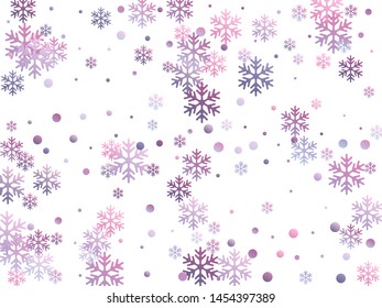 Crystal snowflake and circle shapes vector illustration. Unusual winter snow confetti scatter poster background. Flying colorful gradient snow flakes background, winter water crystals vector.
