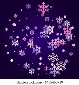 Crystal snowflake and circle shapes vector design. Unusual winter snow confetti scatter card background. Flying gradient snow flakes background, awesome water crystals confetti.