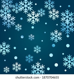 Crystal snowflake and circle shapes vector backdrop. Chaotic winter snow confetti scatter flyer background. Falling colorful gradient snow flakes background, winter water crystals vector.