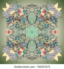 Crystal snowflake in colors on colored background. Vector illustration.