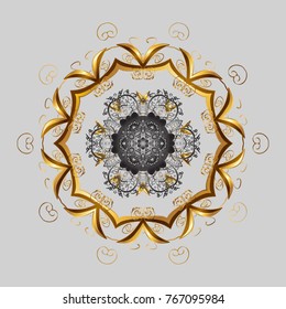 Crystal snowflake in gray, brown and yellow colors on gray, brown and yellow colors. Vector illustration.