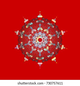 Crystal snowflake in red, gray and white colors on red, gray and white colors. Vector illustration.
