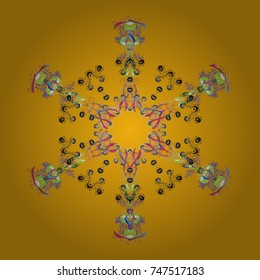 Crystal snowflake in yellow, gray and pink colors on yellow, gray and pink colors. Vector illustration.