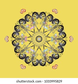 A crystal snowflake in yellow, gray and white colors on yellow, gray and white colors. Vector illustration.