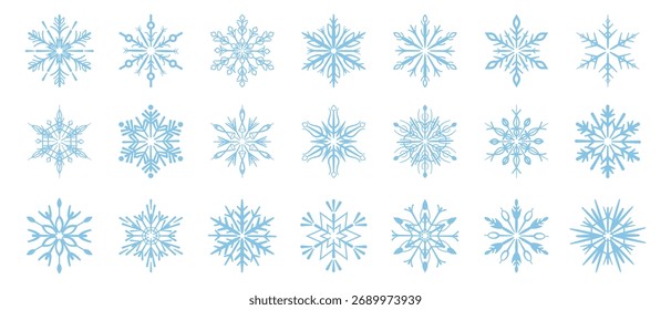 Crystal snowflakes with different ornaments. Vector in flat style, isolated set of stylized frozen water patterns. Ornamental snow flakes with carious rounded shapes. Winter weather decor