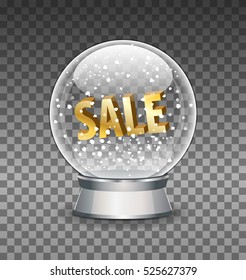 Crystal Sphere. Snowglobe vector illustration. Snow globe with golden letters. Transparent glass ball. New Year Sale template.