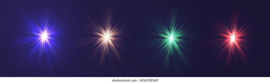 Estrella de cristal. Luz de rayo de cristal, sol brilla arco iris rojo amarillo y azul color. Efecto de luz de fuego óptica. Efecto de reflexión de deslumbramiento de deslumbramiento de lente vectorial. Rayo de sol