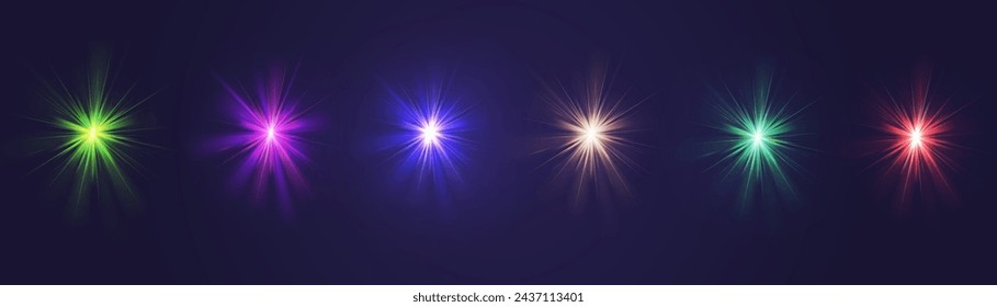 Crystal star. Crystal ray light, sun shines rainbow red yellow and blue color. Optical fire light effect. Vector lens glare leakage glare reflection effect. sunlight sparkle shine. Sunbeam