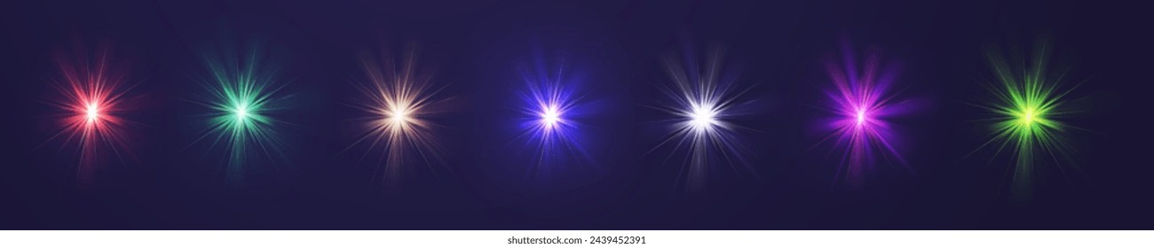 Estrella de cristal. Luz de rayo de cristal, sol brilla arco iris rojo amarillo y azul color. Efecto de luz de fuego óptica. Efecto de reflexión de deslumbramiento de deslumbramiento de lente vectorial. Rayo de sol