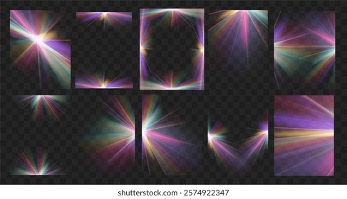 Crystal star. Crystal ray light, sun shines rainbow red yellow and blue color. Optical fire light effect.Sparkle shine. Vector lens glare leakage glare reflection effect. Sunlight	