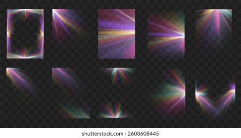 	
Crystal star. Crystal ray light, sun shines rainbow red yellow and blue color. Optical fire light effect.Sparkle shine. Vector lens glare leakage glare reflection effect. Sunlight	
